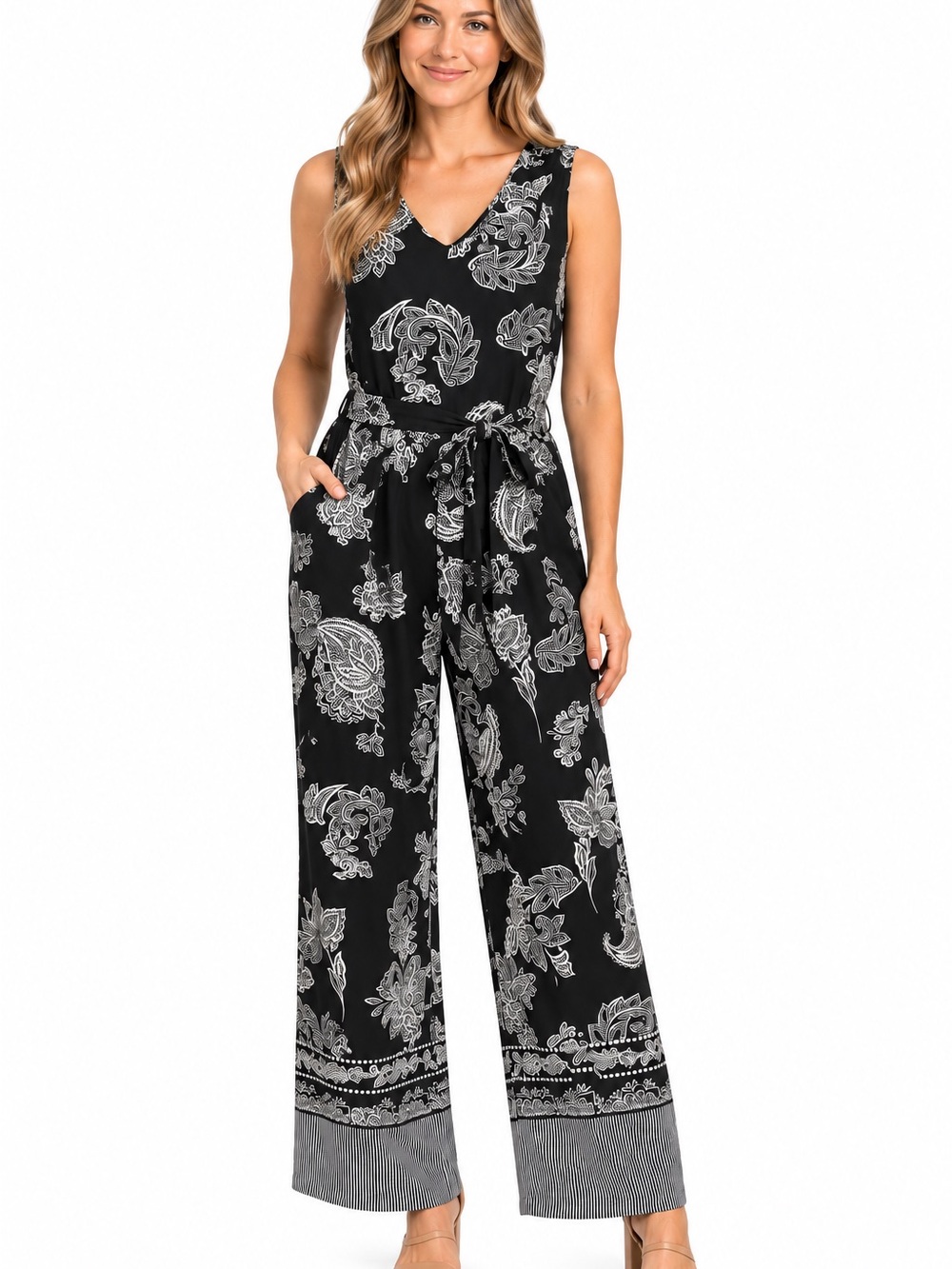 Black Paisley V-Neck Tie-Waist Jumpsuit - 1075